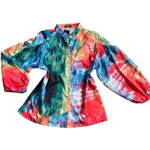 NWT Sheilay Colorful Rainbow Tie Dye Button Front Top Balloon Sleeve Sz S #104N